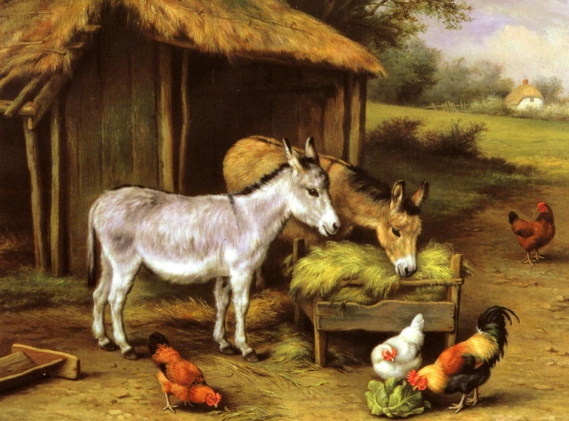 Hunt_Edgar_Chickens_And_Donkeys_Feeding_Outside_A_Barn