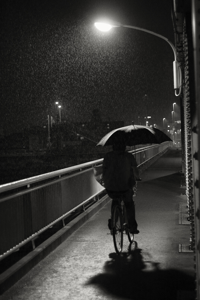 brolly, bridge, and bicycle