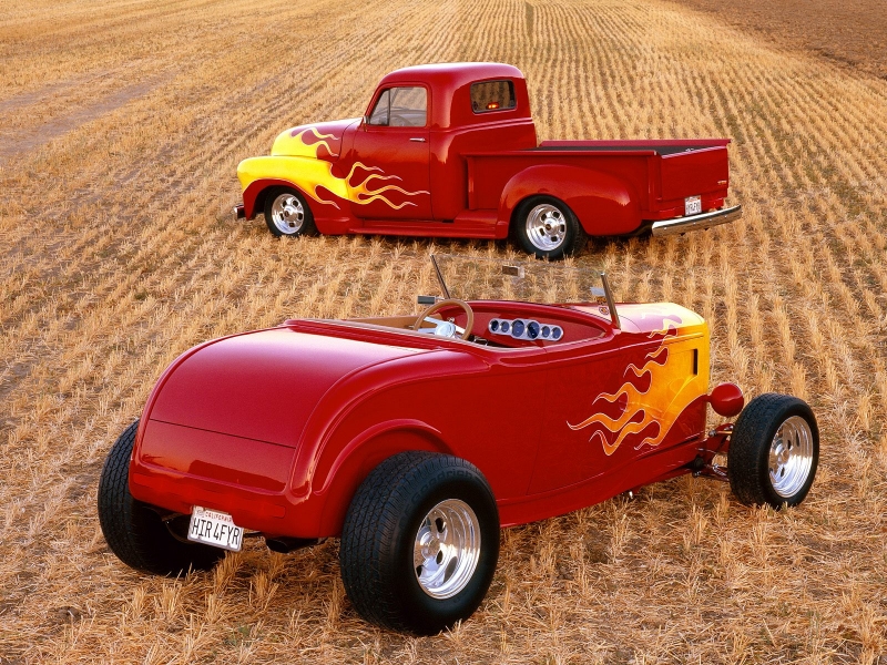 Fire in the Field, 1932 Ford Roadster and 1952 Chevrolet Truck