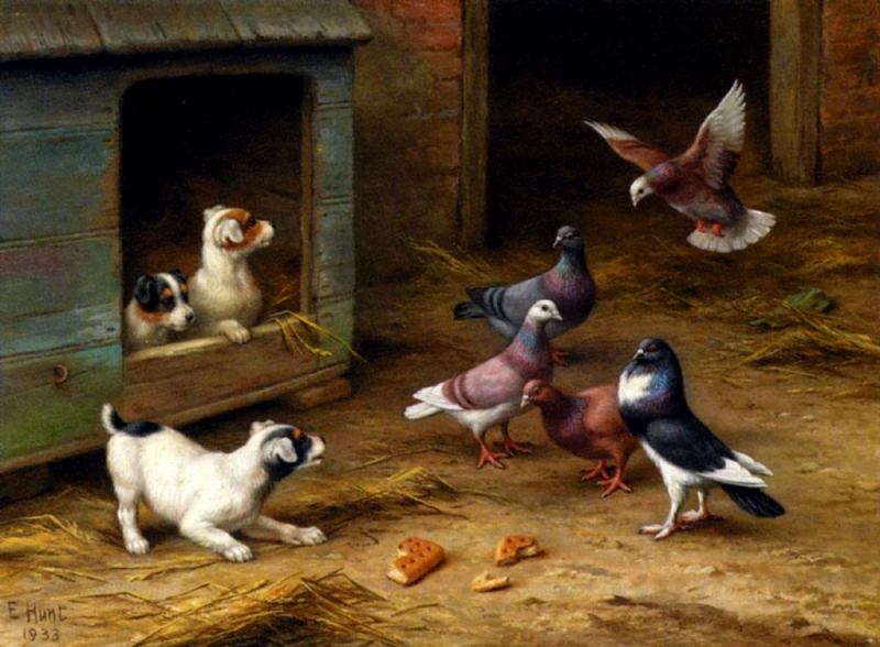 Hunt_Edgar_Puppies_And_Pigeons_Playing_By_A_Kennel