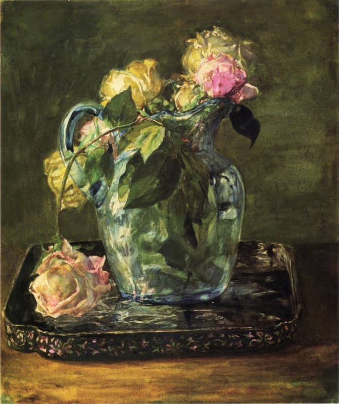 John LaFarge - Roses in Blue Crackle Glass Pitcher