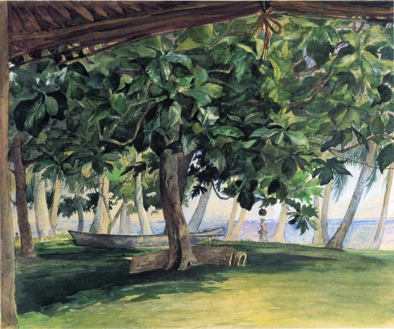 John LaFarge - View from Hut_ at Vaiala in Upolu_ Bread Fruit Tree_ War Drums and Canoe_ Nov_ 19th_ 1890