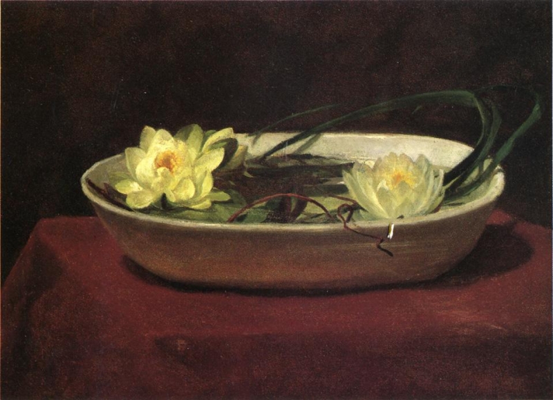 John LaFarge - Water-Lilies in a White Bowl with Red Table Cover